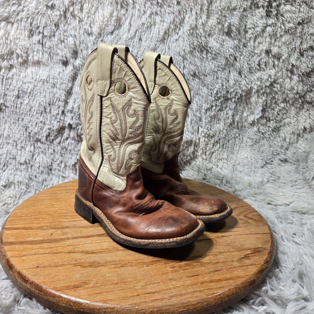 Old West BSC1819 Brown Leather Pull On Square Toe Western Boots Kids US Size 11